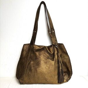 BANANA REPUBLIC brown gold metallic soft leather hobo tote bag tassel minimalist